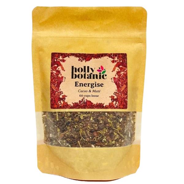 Energise tisane by Holly Botanic, cacao and mate, a coffee-alternative herbal tisane, 60 cup loose. Recyclable packaging.