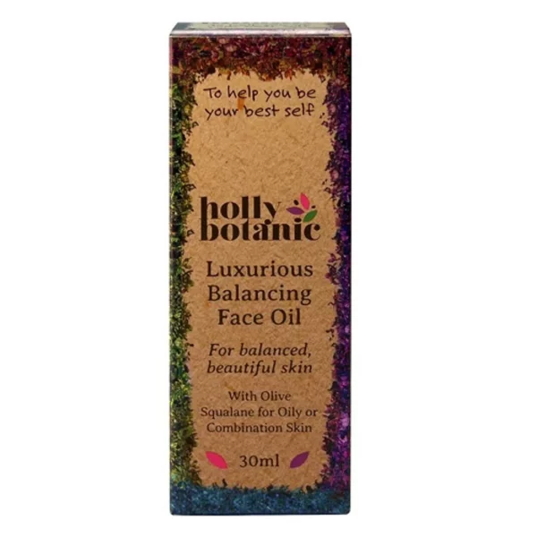 Holly Botanic balancing face oil box. 30ml glass bottle in box.