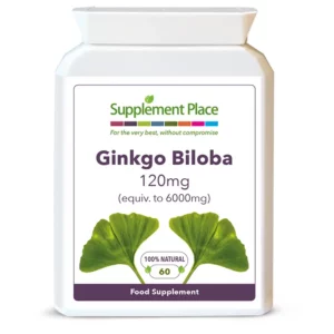 Ginkgo Biloba leaf 50:1 extract in 120mg capsules (equivalent to 6000mg). Pot and front label.
