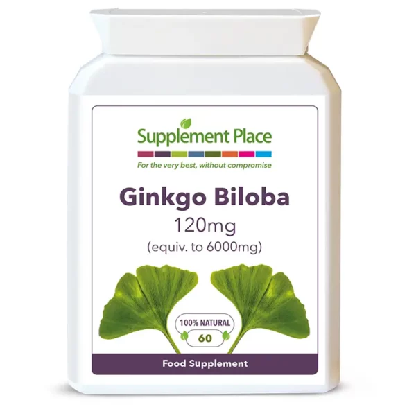 Ginkgo Biloba leaf 50:1 extract in 120mg capsules (equivalent to 6000mg). Pot and front label.