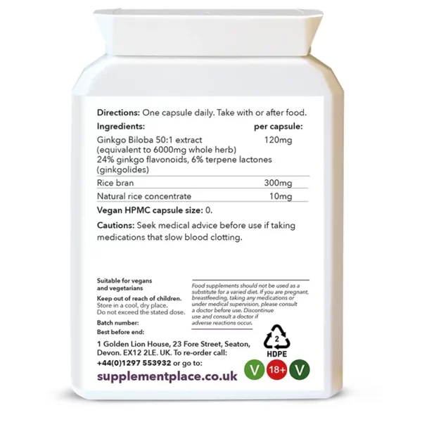 Ginkgo Biloba leaf 50:1 extract in 120mg capsules (equivalent to 6000mg). Rear label with detailed information.