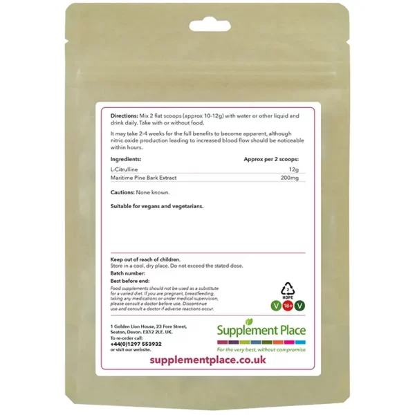 GT6 Powder: L-Citrulline & Maritime Pine Bark Pouch Rear. Recyclable pouch.