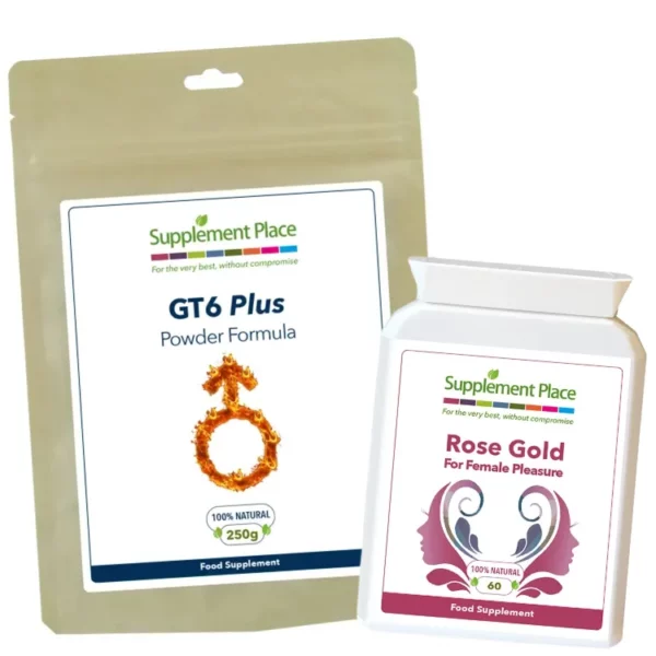 His & Hers Bundle product image. 300g x GT6 Plus and 60 x Rose Gold capsules.