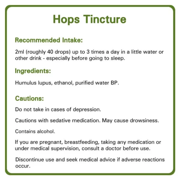 Hops tincture detailed information. Recommended intake, ingredients and cautions.