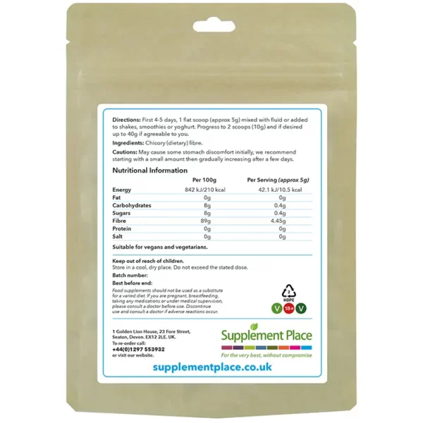Inulin Powder pouch rear. 100% pure inulin from chicory root. Recyclable pouch.