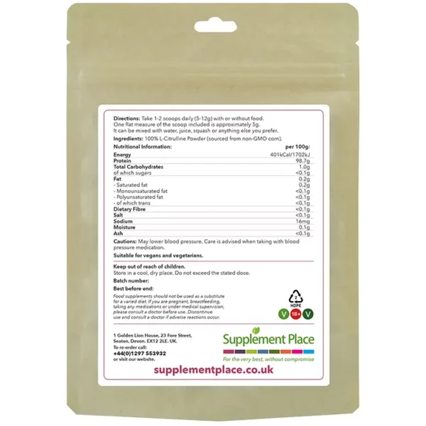 L-Citrulline Powder Pouch Rear. Pure L-Citrulline in a recyclable pouch.
