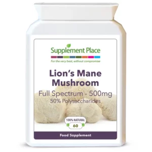 Lion's Mane mushroom full spectrum, organic, 500mg, 50% polysaccharides, available in 60, 120 and 240 capsules in recyclable packaging.