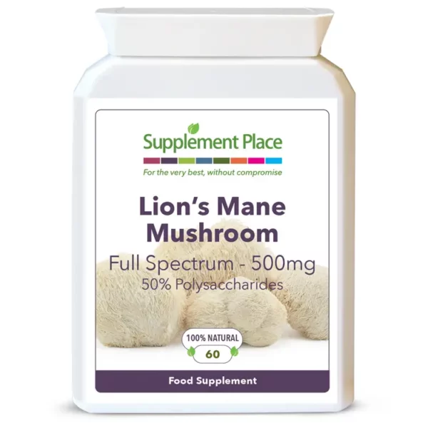 Lion's Mane mushroom full spectrum, organic, 500mg, 50% polysaccharides, available in 60, 120 and 240 capsules in recyclable packaging.