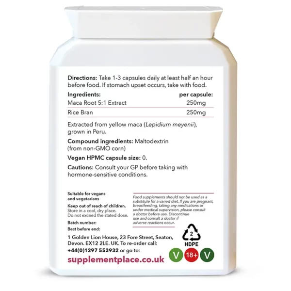 Peruvian Maca extract supplied in 250mg capsules equivalent to 1250mg in a letterbox-friendly pot. Rear label.