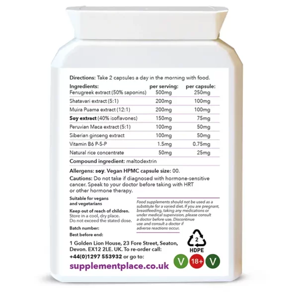 Menopause support day capsules containing 7 natural ingredients in a letterbox-friendly box. Rear label.