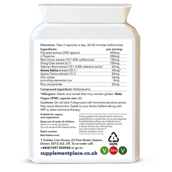 Menopause support night capsules containing 8 natural ingredients in a letterbox-friendly pot. Rear label.