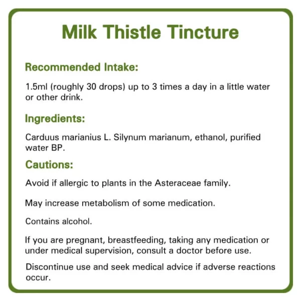 Milk Thistle tincture detailed information. Recommended intake, ingredients and cautions.