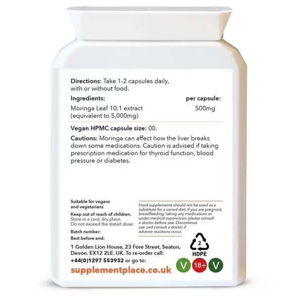 Moringa leaf extract supplied in 500mg capsules equivalent to 5000mg in a letterbox-friendly pot. Rear label.