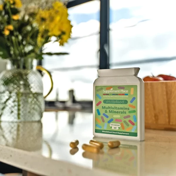 Wholefood multivitamin and mineral capsules, lifestyle image.