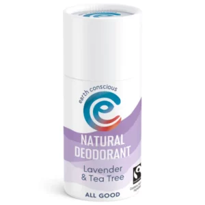 Earth conscious natural stick deodorant, lavender & tea tree scented. Plastic-free packaging, pure ingredients, 60g.