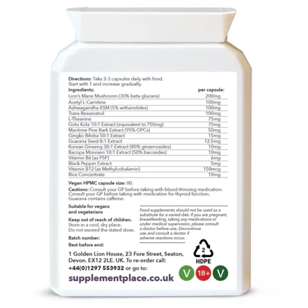 Nootropic Complex capsules containing 14 natural compounds to support the brain in a letterbox-friendly pot. Rear Label