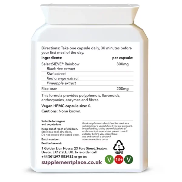 NutraForm with SelectSIEVE Rainbow supplied in 300mg capsules of fruit and rice extracts providing polyphenols, anthocyanins, proteolytic enzymes and natural fibres. Designed for toning and cellulite reduction. Rear Label