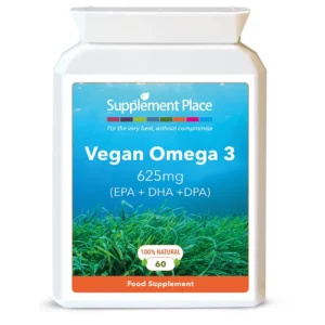 Vegan Omega 3 supplied in 625mg capsules providing EPA, DHA and DPA in a letterbox-friendly box. Front label.