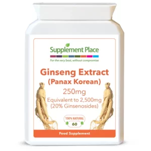 Panax Korean Ginseng supplied in 250mg capsules providing 20% Ginsenosides in a letterbox-friendly pot. Front label