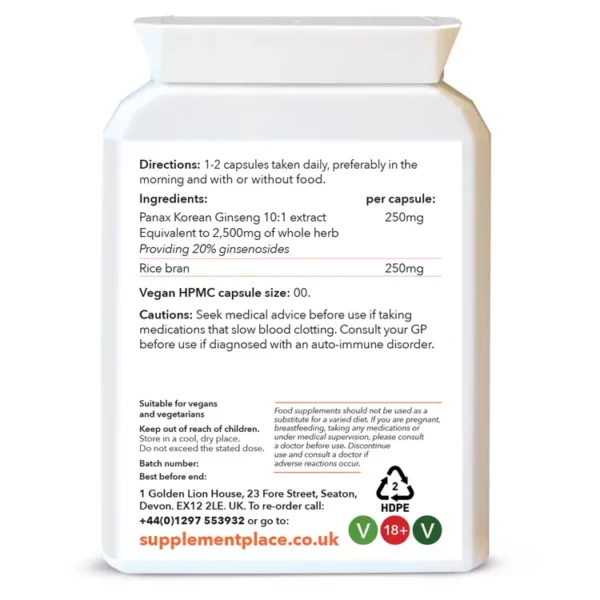 Panax Korean Ginseng supplied in 250mg capsules providing 20% Ginsenosides in a letterbox-friendly pot. Rear label.