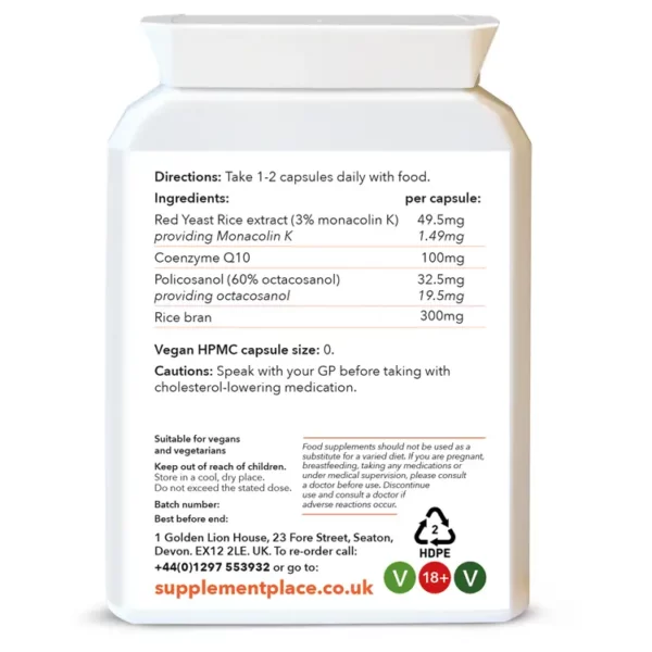 Reduchol Cholesterol Complex containing red yeast rice, Co Enzyme Q10 and policosanol supplied in a letter-box friendly pot. Front label