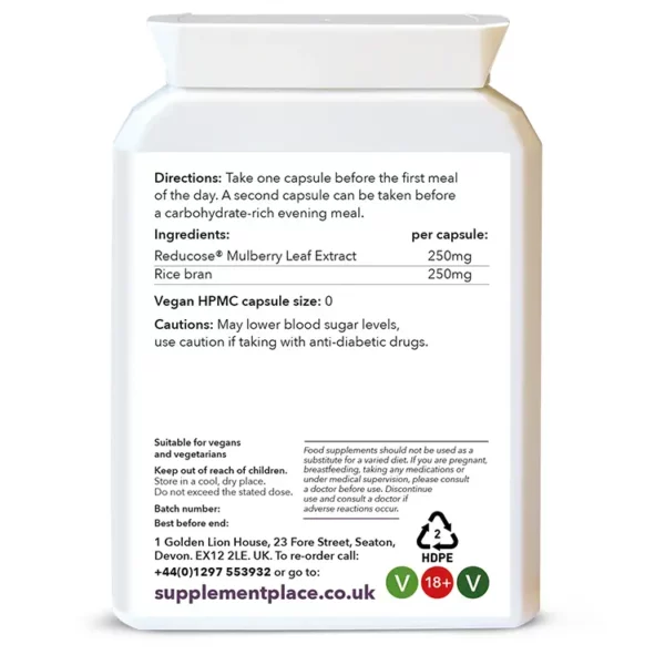 Reducose mulbery leaf extract supplied in 250mg capsules for blood sugar maintenance in a letterbox-friendly pot. Rear label.