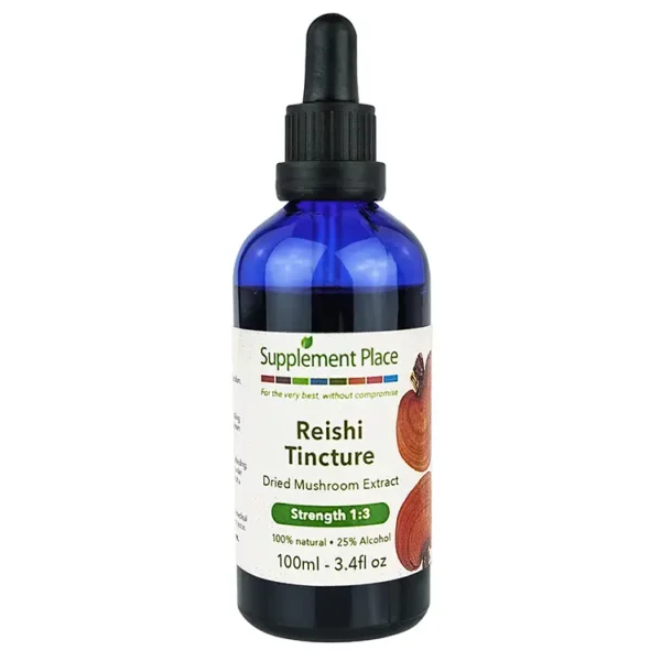 Reishi tincture, 1:3 strength, 25% alcohol. 100ml blue, glass, recyclable bottle with pippette.
