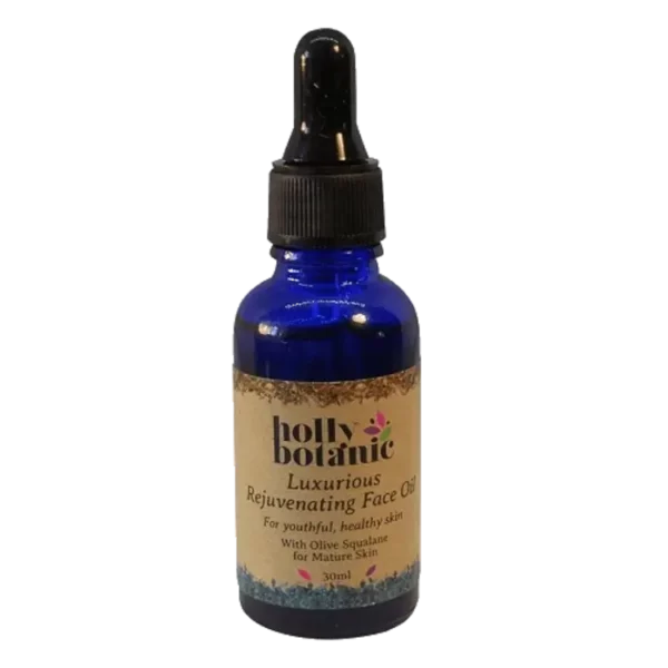 Holly Botanic rejuvenating face oil bottle only. 30ml blue, recyclable glass bottle with pipette.