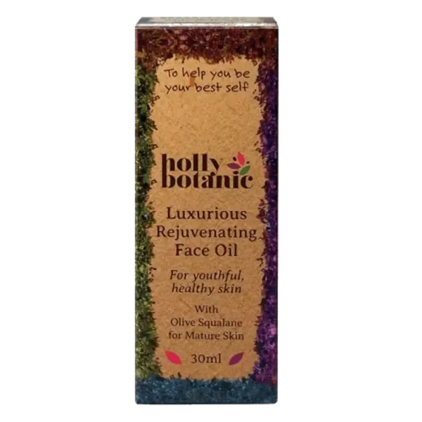 Holly Botanic rejuvenating face oil box only. Recyclable cardboard box.