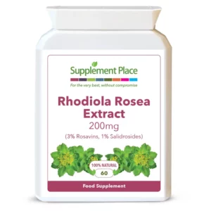 Rhodiola rosea extract (rhodiolife) 200mg capsules. 3% rosavings, 1% salidrosides. Sustainably sourced extract. Recyclable packaging, front image.
