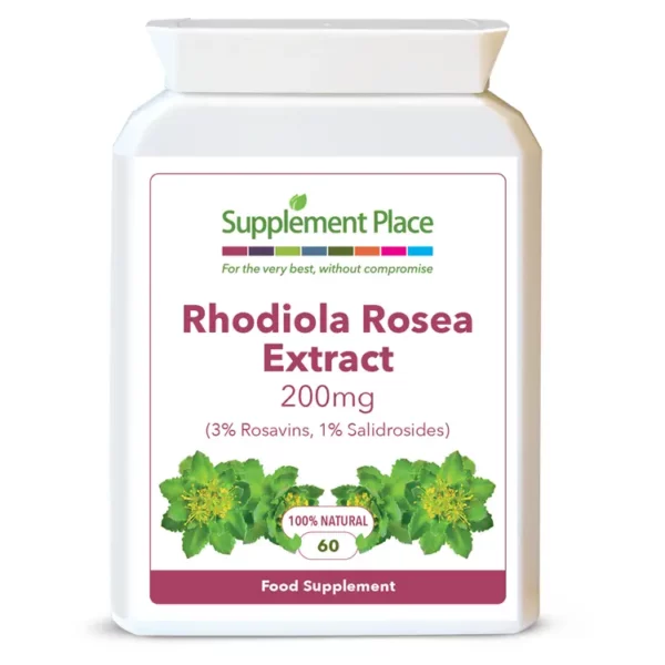 Rhodiola rosea extract (rhodiolife) 200mg capsules. 3% rosavings, 1% salidrosides. Sustainably sourced extract. Recyclable packaging, front image.