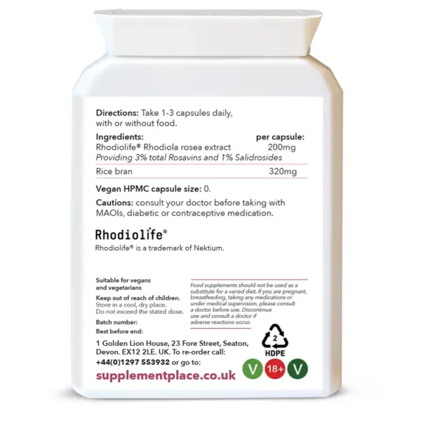 Rhodiola rosea extract (Rhodiolife) 3% rosavins, 1% salidrosides, 200mg capsules. Rear label.