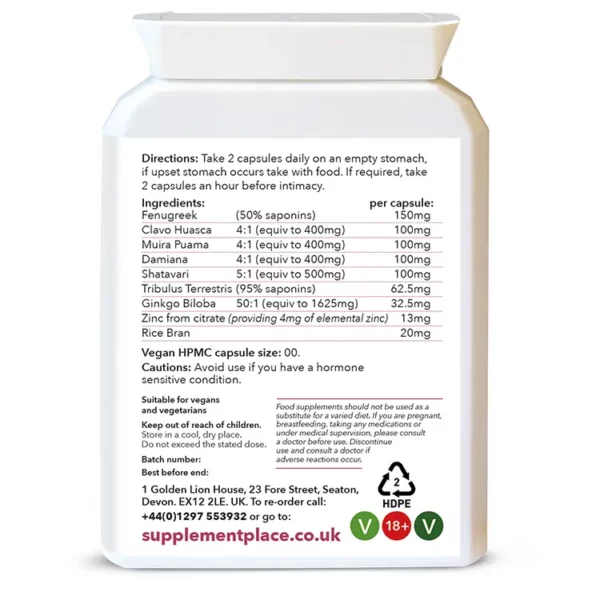 Rose Gold capsules containing 8 natural compounds for female libido in a letterbox-friendly pot. Rear label.