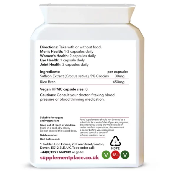 Saffron extract supplied in 30mg capsules providing 5% crocins in a letterbox-friendly pot. Rear label.