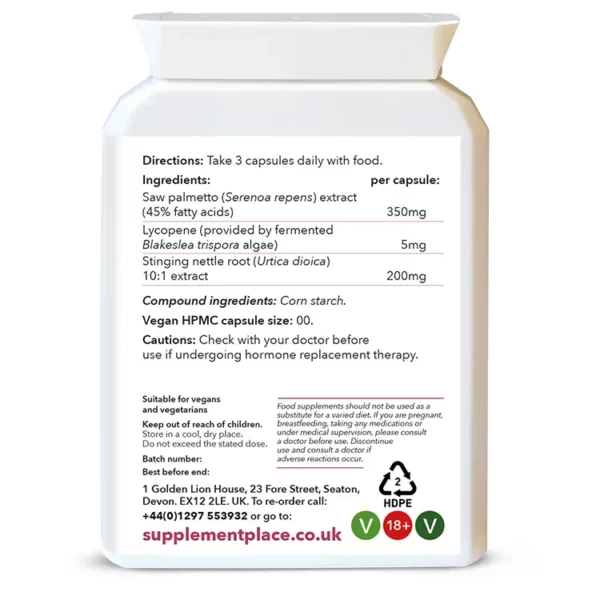 Saw Palmetto Plus provided in 600mg capsules containing Saw Palmetto, Lyconene and Nettle Extract. Rear label.