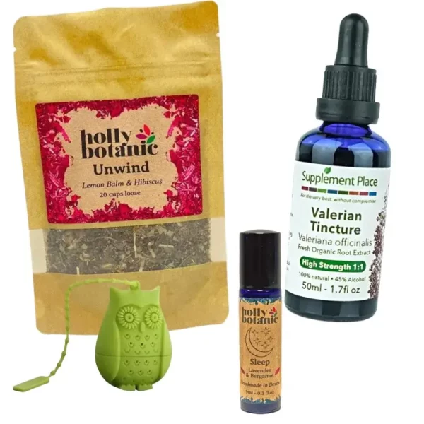 Sleep Well Bundle. Sleep supplements. Valerian tincture, Unwind tisane, sleep pulse point oil and free infuser. Save money by buying as a bundle. Option 2.