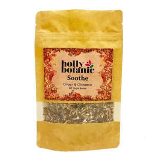 Soothe tisane for sore throats by Holly Botanic, ginger and cinnamon, 20 cups loose. Recyclable packaging.