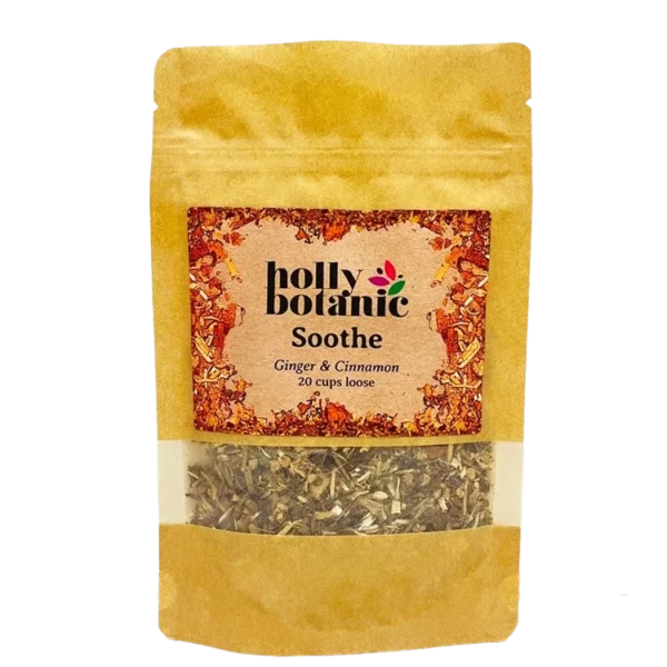 Soothe tisane for sore throats by Holly Botanic, ginger and cinnamon, 20 cups loose. Recyclable packaging.