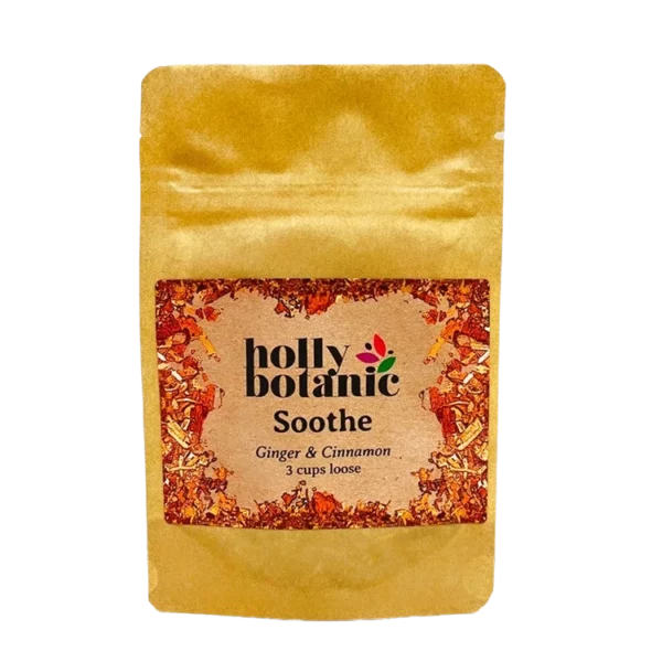 Soothe tisane by Holly Botanic, ginger and cinnamon to soothe sore throats, 3 cup loose. Recyclable packaging.