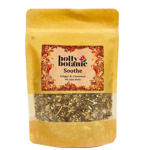 Soothe tisane by Holly Botanic, ginger and cinnamon to soothe sore throats, 40 cup loose. Recyclable packaging.