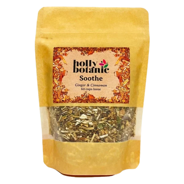 Soothe tisane by Holly Botanic, ginger and cinnamon to soothe sore throats, 60 cup loose. Recyclable packaging.