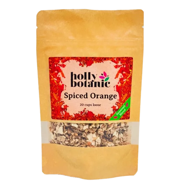 Spiced Orange tisane by Holly Botanic, a seasonal addition tisane, 20 cup loose. Recyclable packaging.