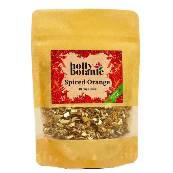 Spiced Orange tisane by Holly Botanic, a seasonal addition tisane, 40 cup loose. Recyclable packaging.