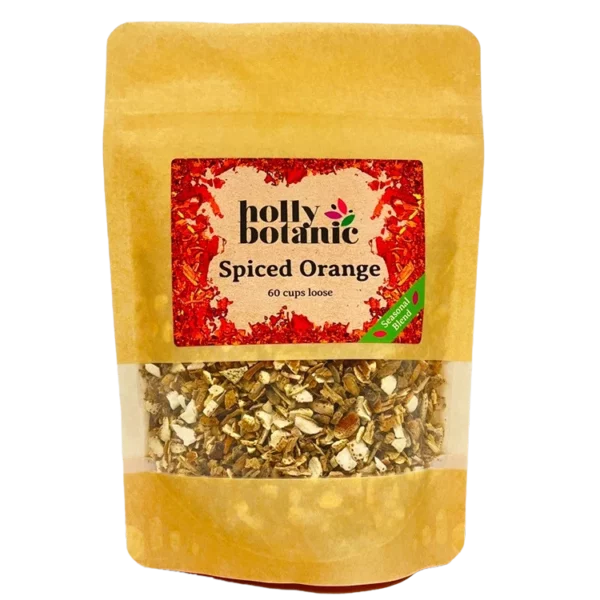 Spiced Orange tisane by Holly Botanic, a seasonal addition tisane, 60 cup loose. Recyclable packaging.