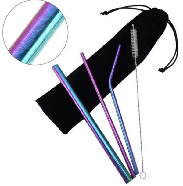 Stainless steel straw set, mermaid. Wide straw, slim straw, curved straw, cleaning brush, carry bag.