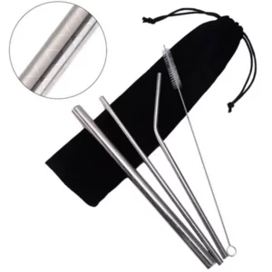 Stainless steel straw set, silver. Wide straw, slim straw, curved straw, cleaning brush, carry bag.