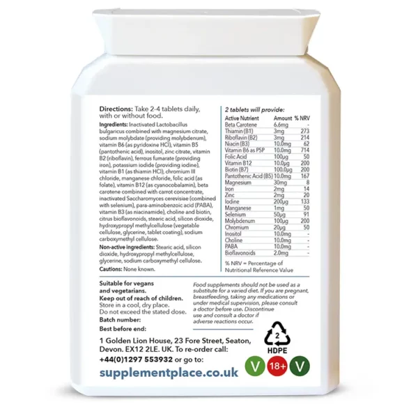 Super B Complex tablets providing B1, B2, B3, B5, B6, B7, B12 and 12 othe minerals supplied in a letterbox-friendly pot. Food-state. Rear label.