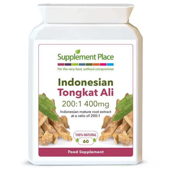 Indonesian Tongkat Ali supplied in 400mg capsules of a 200:1 extract in a letterbox-friendly pot. Front label.