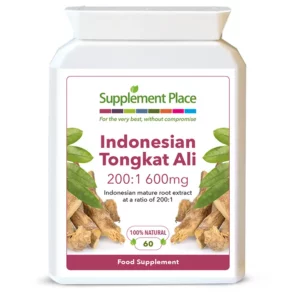 Indonesian Tongkat Ali extract supplement in 600mg capsules of a 200:1 extract in a letterbox-friendly pot. Front label.