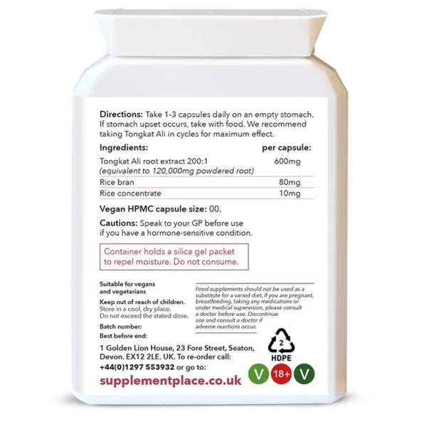 Indonesian Tongkat Ali supplied in 600mg capsules of a 200:1 extract in a letterbox-friendly pot. Rear Label